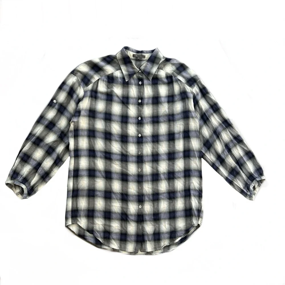 Vince Women's Oversized Plaid 100% Cotton‎ Roll Tab Sleeve Button Down Shirt S